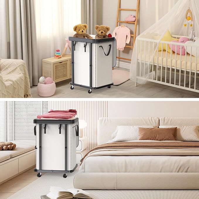 Laundry Basket with Wheels,150L Leather Patchwork Rolling Hamper Carts | Sturdy Metal Frame, Removable Washable Bag, Tall Clothes Sorter for Bedroom, Laundry Room - Beige