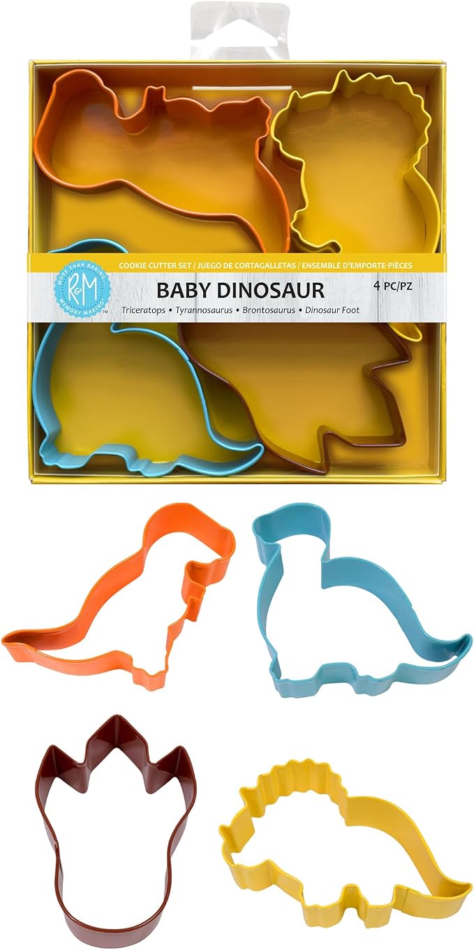 R&M International Baby Dinosaur Cookie Cutters, Brontosaurus, Triceratops, T-Rex, and Footprint, 4-Piece Set