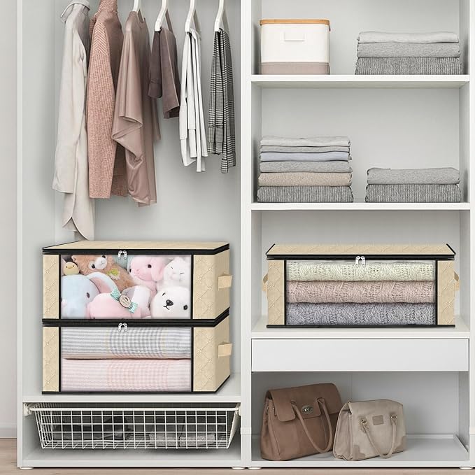 HomeHacks Storage 8-Pack Clothes Organizer Storage Bags Foldable Storage Box with Large Clear Window Sturdy Handles for Closet, Dorm, Pillows, Bedding, Clothes, Blankets, 35L, Beige