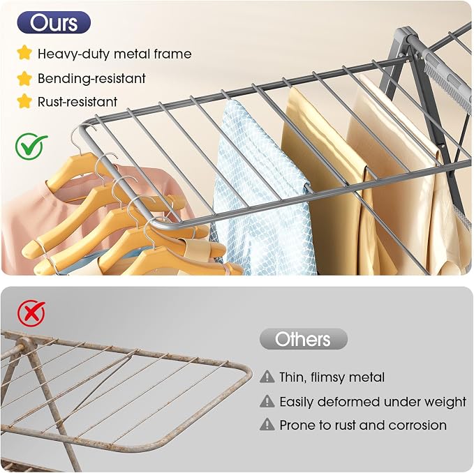 APEXCHASER Clothes Drying Rack, 67.7" L Height Adjustable, Foldable, Grey | 1.5"Folded, No Assembly, Space-Saving, Spacious Design, Adjustable Wings, Clips, Mesh Shelf, Shoe Rack, Indoor & Outdoor Use