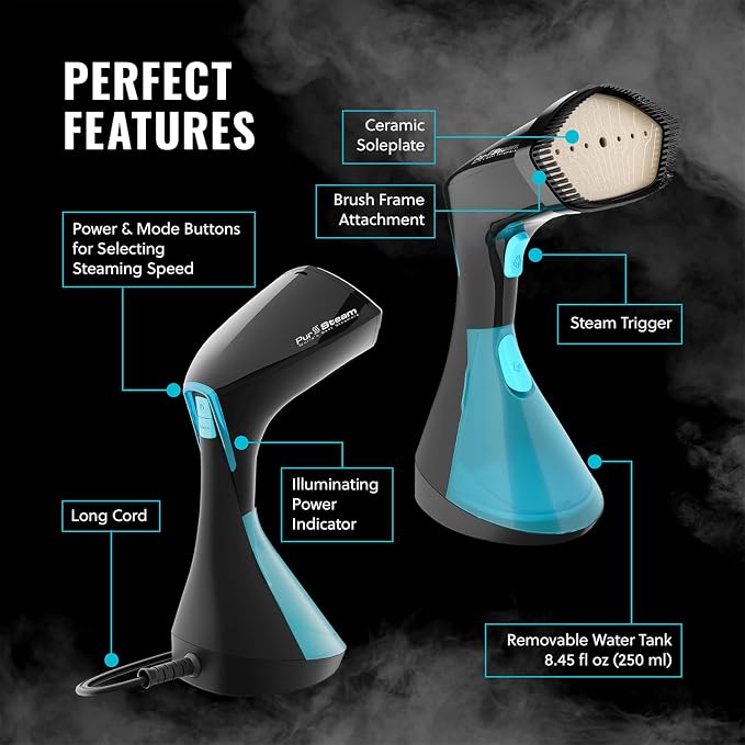 PurSteam SteamWave Handheld Garment Steamer - Fast Heat-Up 3 Steam Settings | 1650W | 25-Min Continuous Steam | 8.45 oz Removable Tank | Ceramic Soleplate | Auto Shut-Off | Portable for Home & Travel