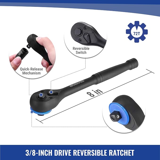 WORKPRO 39PC Drive Black Phosphate Finish CR-V Socket Set(1/4" & 3/8") | Metric & SAE, Quick-Release Ratchet Wrench, Extension Bar, Spinner Handle & Adapter, Compact, Automotive Repair