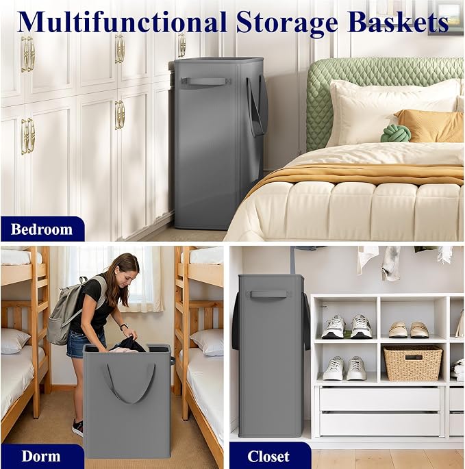 Optish 75L Slim Laundry Hamper, Large Laundry Basket With Handles, Narrow Laundry Basket for Dorm, Bedroom, Living Room, Collapsible Laundry Hamper, Grey
