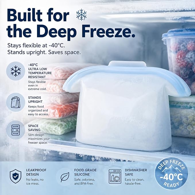 Silicone Food Storage Bags, Reusable, High-Temperature Resistant, Leak-Proof Upright Freezer Bags, Microwave and Dishwasher Safe，Cool blue
