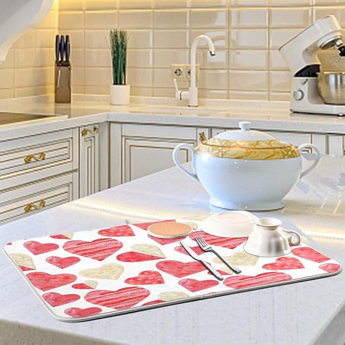Red Gold Watercolor Hearts Love Dish Drying Mat 16x18 for Kitchen Valentine's Day Love Flowers Dishes Pad Dish Drainer Rack Mats Absorbent Fast Dry Kitchen Accessories