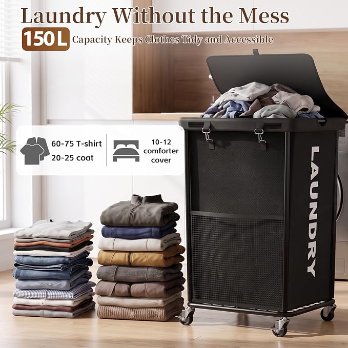 Laundry Hamper with Wheels and Lid, 150L Large Rolling Laundry Basket Black | Heavy Duty Clothes Organizer, Sturdy Metal Frame, Lockable Swivel Casters, Removable Bag, For Bedroom, Bathroom, Laundry Room