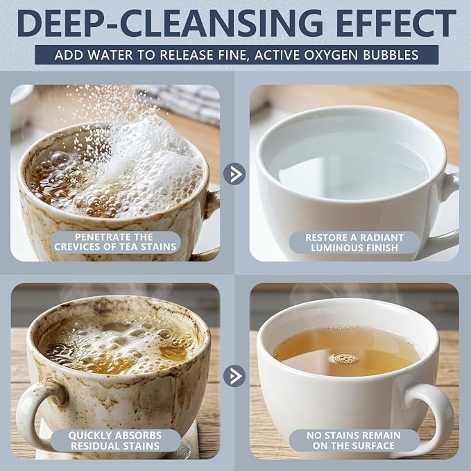 Cleaning Foam Powder, Tea & Coffee Stain Remover, 1Pack, 16 oz | Stain Remover Powder for Tea Pots, Coffee Mugs and Stainless Steel, Effectively Removes Stains, Restoring a New Luster