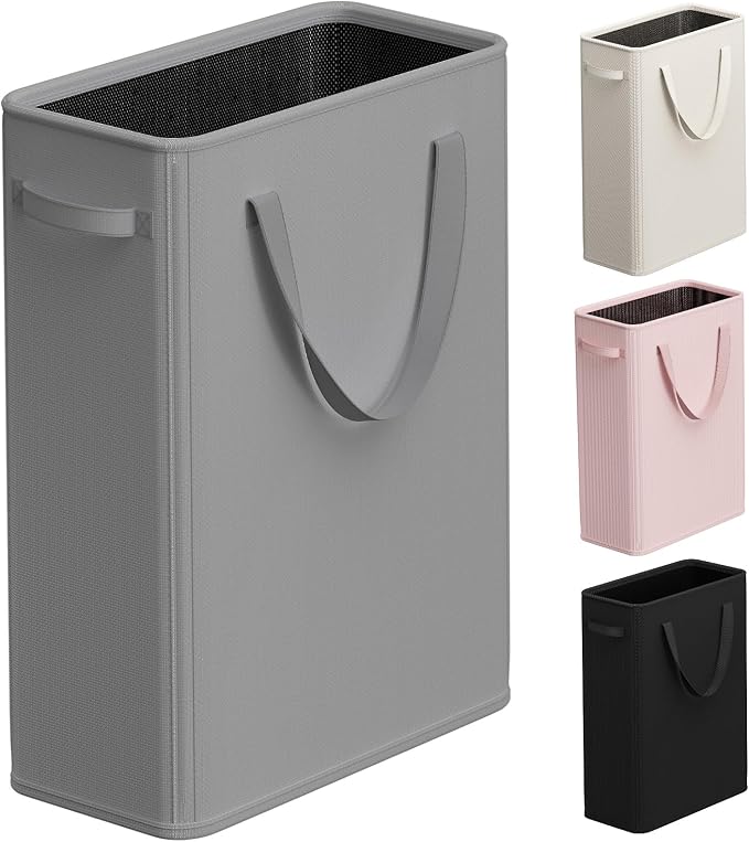 Optish 50L Slim Laundry Hamper, Small Laundry Hamper With Handles, Narrow Laundry Basket for Dorm, Bedroom, Living Room, Collapsible Laundry Basket, Grey