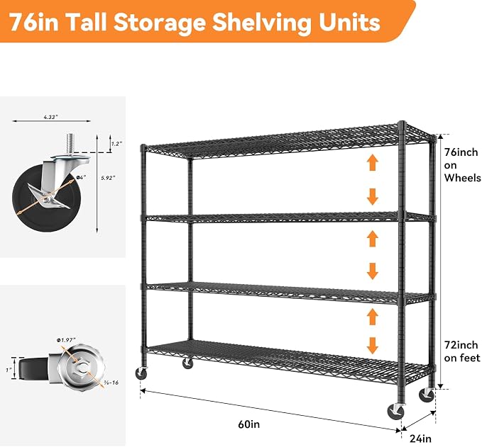 ROOMTEC 4-Tier Rolling Garage Shelving, 60"L*24"W*72"H, Max Loads 3200LBS | Wire Shelves with Wheels, Storage Rack Heavy Duty, Adjustable Metal Industrial Shelf for Kitchen,Pantry,Warehouse,Basement