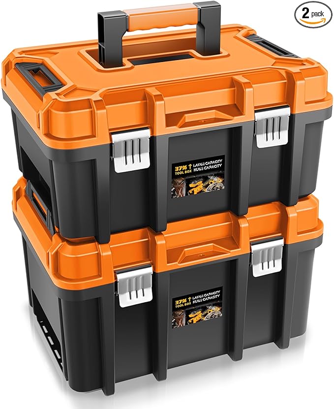 Auto Dynasty 17-Inch Tool Box, 2Pcs Toolboxes Organizer Storage with Removable Tray and Portable Handle for Garage Workshop Home Office Car Trunk, Orange