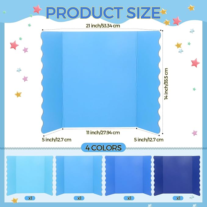 Mooliwe 4 Pack 21" x 14" Blue Trifold Poster Board, Mini Foldable Corrugated Presentation Display Board with Scalloped Border for Science Fair Events, School Projects, Back to School Supplies
