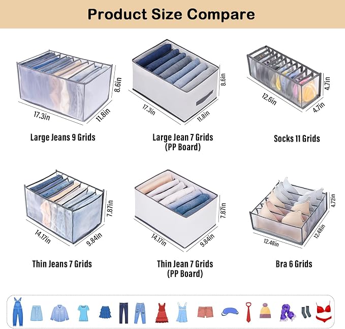 TIGARI Wardrobe Clothes Organizer for Drawers, Washable Clothes Organizer for Folded Clothes, Clothing Storage, Portable Closet Organizer for Thin Jeans, Trousers, T-shirts, Skirts (Gray)