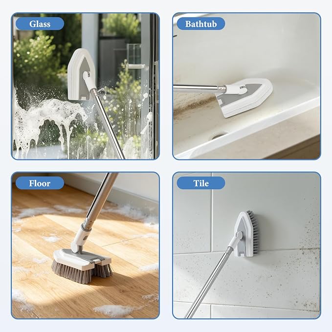 7-in-1 Floor Scrub Brush Magic Silicone Broom Set with Long Handle | Tile Tub Scrubber Brush, V-Shaped Grout Brush, Clothes Hook Pole, 2 in 1 Window Cleaner Squeegee for for Shower Bathroom Wall