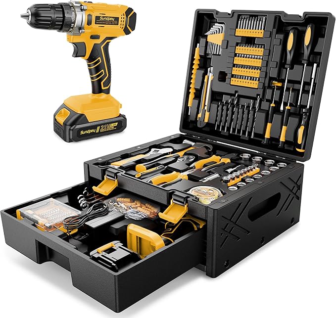Sundpey 267 Pcs Tool Kit Set for Home with 21V Cordless Drill & Drawer Case | Portable Complete Tool Box, with 2 Batteries & Charger & Mechanic Set,for Men Women,for Household House Garage Apartment Dorm