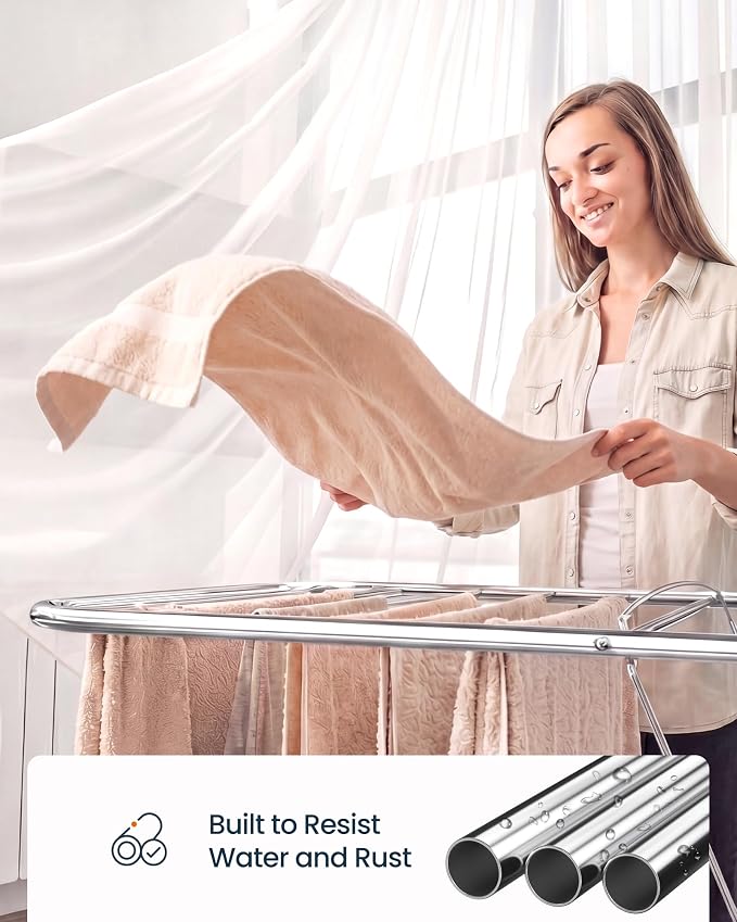 SONGMICS HOME Clothes Drying Rack with Wings, Foldable Laundry Rack with Sock Clips, Drying Clothes, Adjustable Height Airer for Indoor Outdoor Use, Silver and White