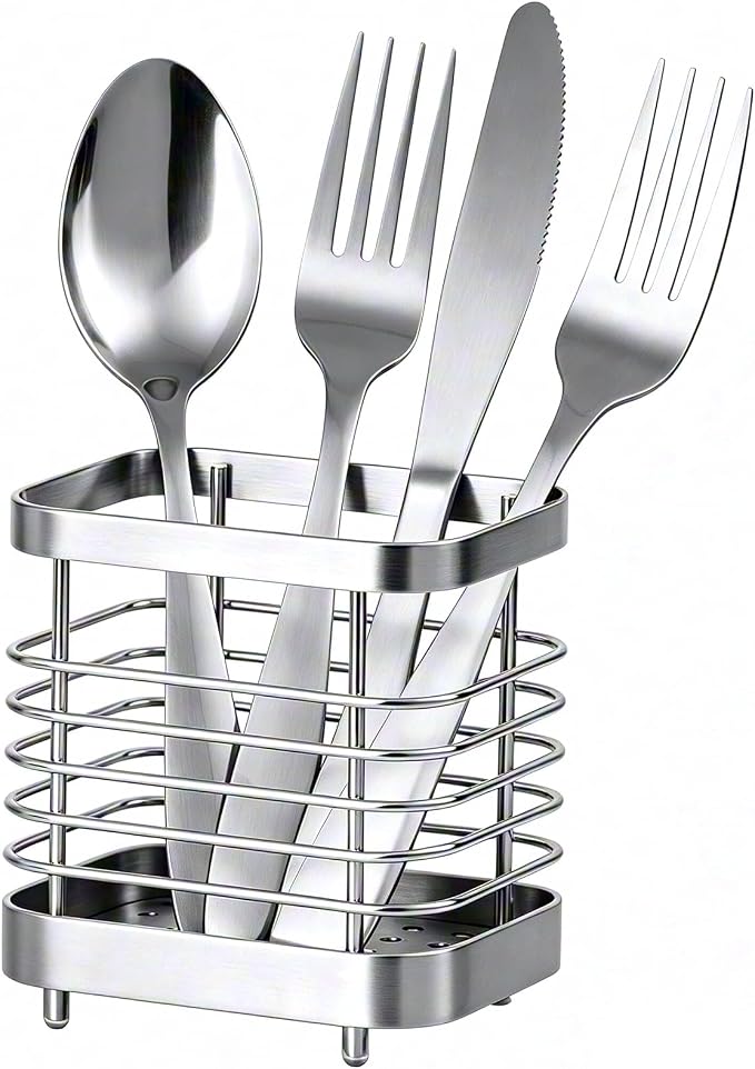 Utensil Holder, Stainless Steel Utensil Drying Rack for Kitchen Counter, Silverware Cutlery Flatware Holder Forks, Knives, Spoons, Chopsticks Organizer (Silver)