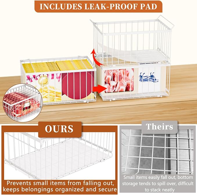 Large Freezer Organizer Bins, Upgrade Quick Expand/Collapse Feature, for 5-9 Cu.Ft Deep Freezer, 4 Pack Stackable Deep Freezer Organizer Bins, Black Wire Foldable Baskets White 6 Pack