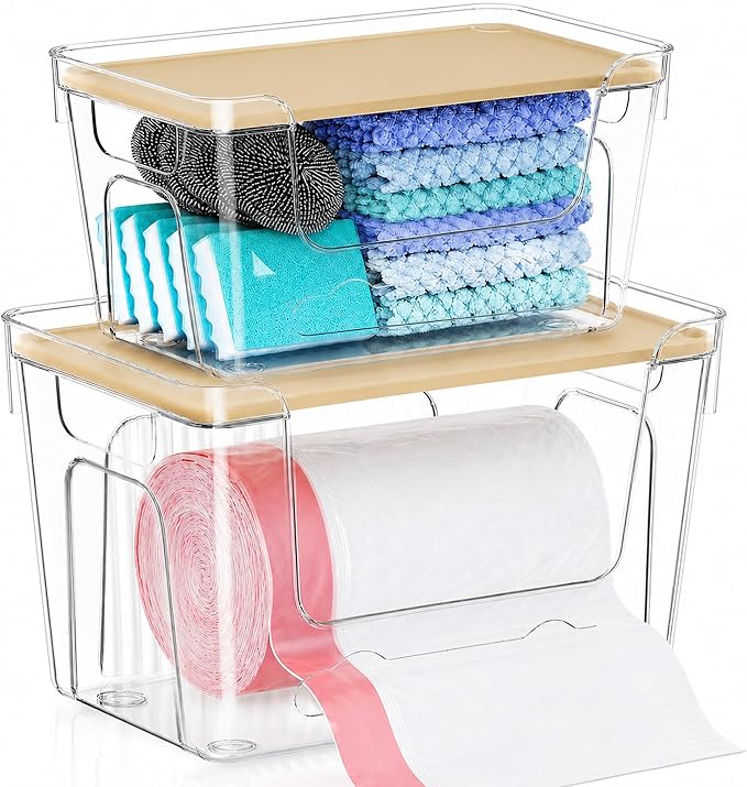 VOOWO Trash Bag Holder, 2 Pack Clear Trash Bag Dispenser with Plastic Lid | Stackable Trash Bag Organizer Fit 13/30 Gallon Bags, Clear Organizer Bins Under Sink for Pantry Kitchen Laundry Room Cabinet