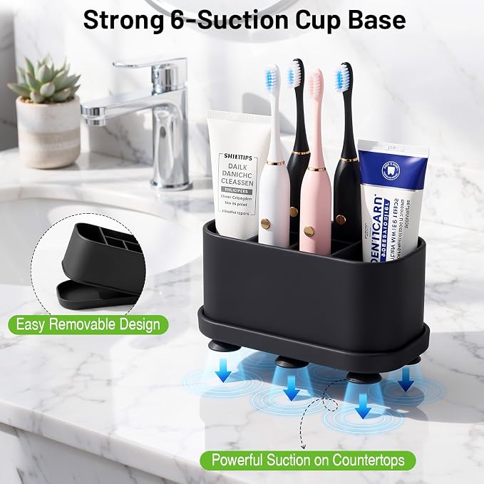 Luxspire Toothbrush Holders for Bathrooms, Silicone, 5 Slots, Black | Toothbrush Organizer with Suction Cup Tray, Toothbrush Holder with Drainage for Bathroom Countertop