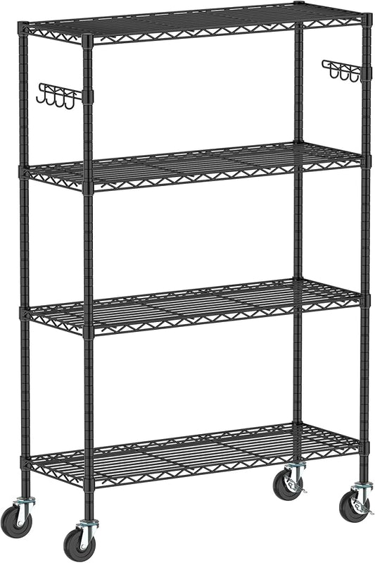 Folews 4-Tier Storage Shelving Unit with Wheels, Metal Rolling Storage Shelves NSF Adjustable Layer Steel Rack Shelf, Wire Shelving Storage for Kitchen Garage Pantry Office, Black (14D x 36W x 57H)