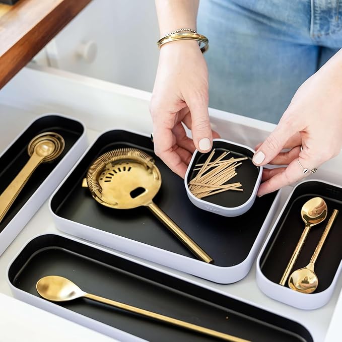 Three by Three Seattle Metal Drawer Organizer Tray Set, 5-Pc, 1" (Black) | Colorful 1" metal bins; food-safe; soft non-scratch base; kitchen, bathroom, vanity, desk & office drawers