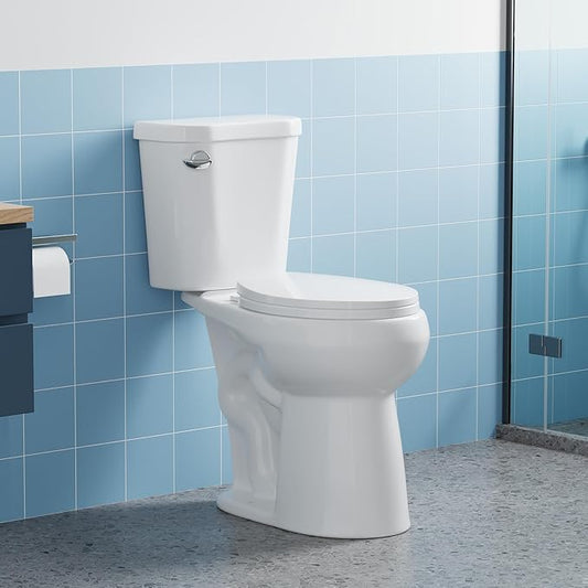 Two Piece Toilet, 19" Round ADA Comfort Height with Upgraded Flushing, Single Handle (Side Mounted), Includes Soft-Close Seat & Hardware, White, 12" Rough-in