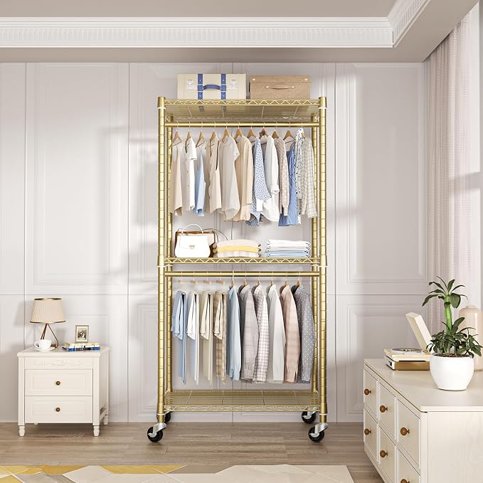 FUTASSI P1 Medium Heavy-Duty Portable Closet, 30" W x 14" D x 76" H, Gold | Metal Rolling Clothing Rack, Closet System with Wheels and Shelves for Hanging Clothes, Portable Wardrobe Organizer Storage