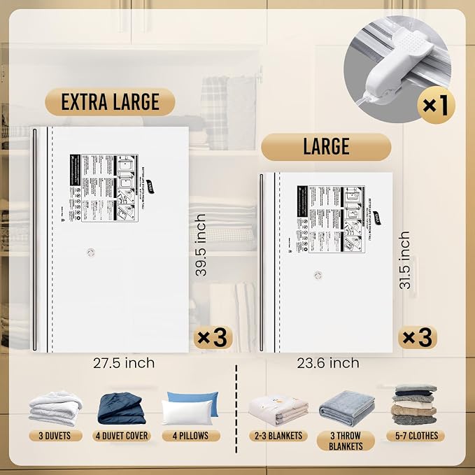 TAILI 6 Pack Vacuum Storage Bags, 2 Size Combo(3 Large+3 Jumbo), LONG SIDE ZIP Vacuum Seal Bags for Clothing, Space Saver for Beddings, Comforters, Blankets, Pillows