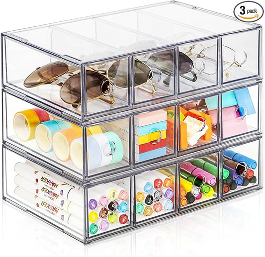 Desk Organizer with 12 Drawers, FODIENS 3 Packs Stackable Desktop Storage Box with Removable Drawer, Clear Sunglasses Organizer Display Case for Stationery Marker Pens Eyeglasses Office Supply