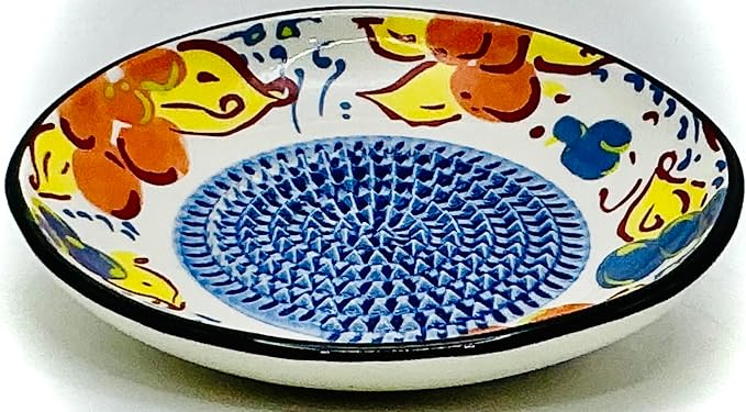 BonCera, All-in-one Premium Ceramic Garlic Grater Plate 4-Piece Set - Artisan Flower Blue Center Design - For Garlic, Ginger, Chocolate, and more! - Comes with 5" Plate, Peeler, Brush, and Stand