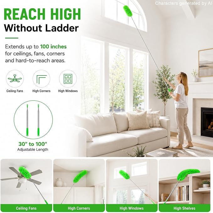 AZUN Microfiber Duster for Ceiling Fans, 30-100 in Telescoping Pole, Green | Microfiber traps dust. Long duster for high ceilings. Cleans ceiling fans, blinds and cobwebs. Washable and reusable.