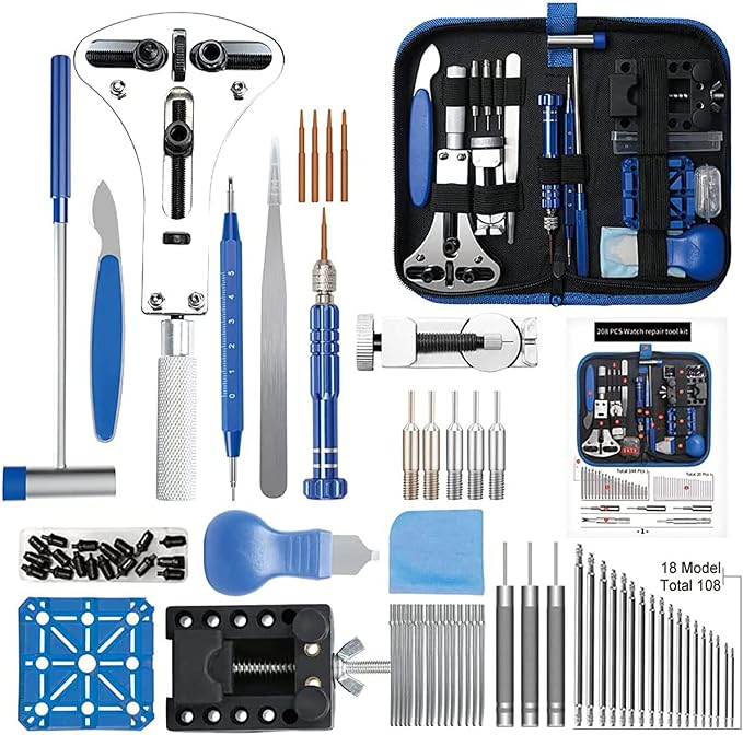 Kingsdun Watch Repair Kit, Professional 208Pcs Watch Battery Replacement Tool Watchband Link & Back Remover, Spring Bar Tool Kit with Carrying Case & Instruction Manual (Blue)