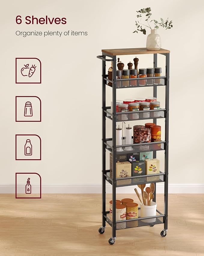 VASAGLE 6-Tier Slim Rolling Storage Cart, Narrow Kitchen Cart with Wheels, Utility Organizer, 17.9 x 8.7 x 51.7 Inch, for Bathroom Pantry, Rustic Brown and Matte Black, Dacey Collection ULRC039K101