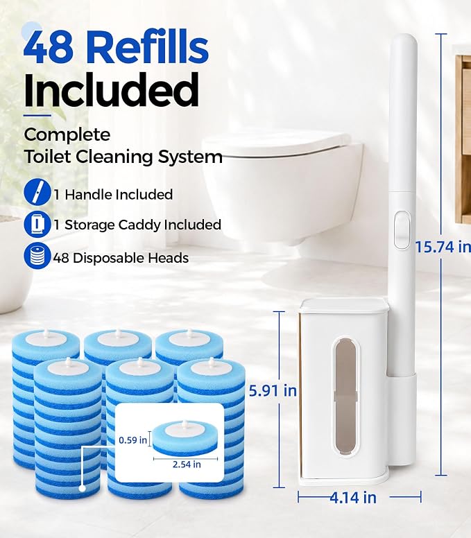 Disposable Toilet Brush and Holder Set with 48 Refills, Complete Toilet Bowl Cleaners System with Long Handle, Disposable Scrubber Heads & Storage Caddy for Bathroom Cleaning & Hard Water Stains