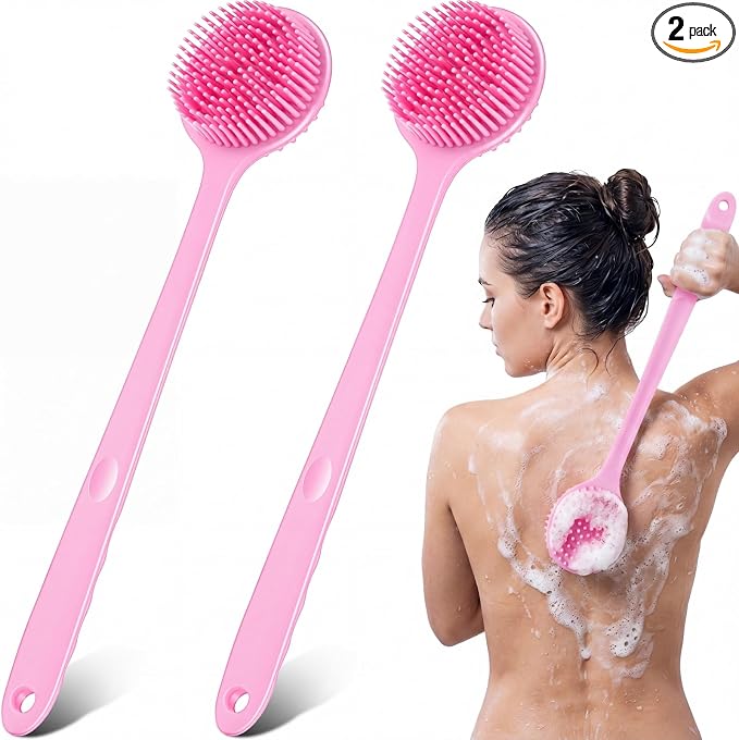 Sunnyray 2 Pack Silicone Back Scrubber for Shower with 15" Long Handle Double-Sided Bath Body Brush for Exfoliating Easy to Clean Quick Dry Deep Cleaning Lathers Well(Pink)