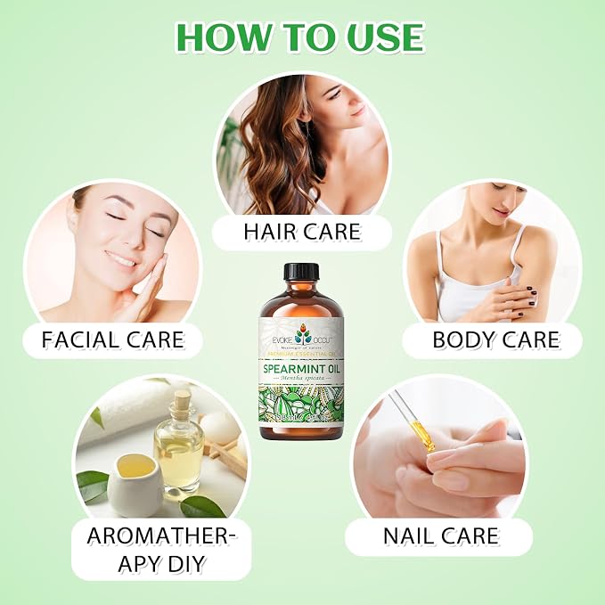 EVOKE OCCU Spearmint Oil for Face, Hair & Scalp Care | Refreshing Minty Aroma for Air Freshening, DIY Lotions, Creams & Aromatherapy - 118ml / 4.16 fl oz