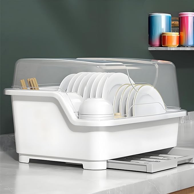 Dish Drying Rack, Plastic Plate Cup Dryer Holder with Lid Removable Drainboard, Cutlery Utensil Dish Nursing Bottle Organizer for Tableware, Kitchen Cabinet