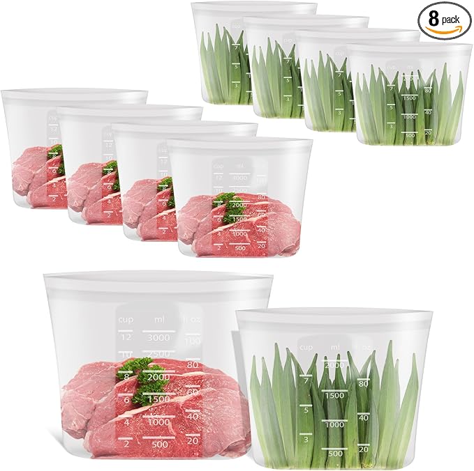 Premium Silicone Reusable Storage Bags, Large-Size Set, 8 Pack, 100% Platinum Silicone Food Storage Bag Stand-Up Wide-Mouth Zip-Lock, Microwave Dishwasher Freezer Safe, 4 XL + 4 L, Crystal-Clear