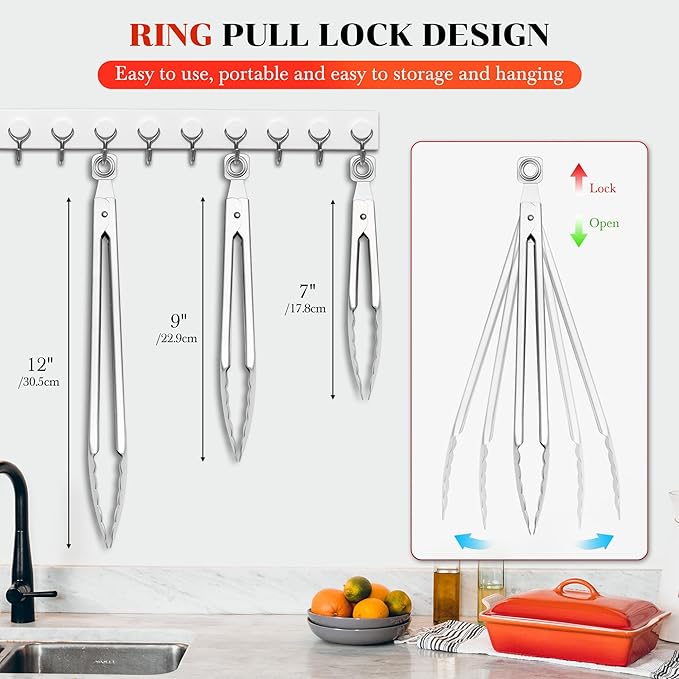 Kitchen Tongs for Cooking - 7 Inch & 9 Inch & 12 Inch Heat Resistant Stainless Steel Metal Locking Tong Grill Tongs BBQ Tong for Cooking, Grilling, BBQ/Barbecue, Food (All Metal - 7"+9"+12")
