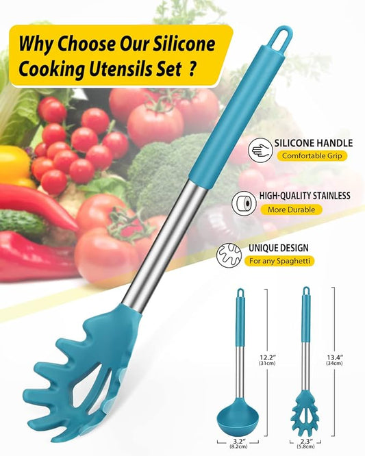 Silicone Pasta Fork and Ladle Spoon Set, Large Non Stick Kitchen Utensils for Cooking,Stirring,Serving Spaghetti, Soup, Sauce (BLUE)
