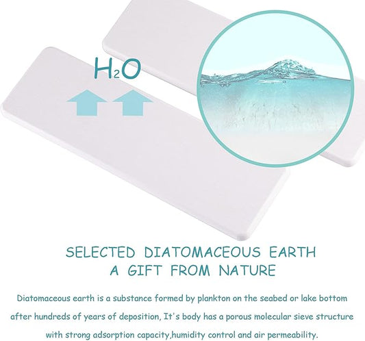 NiuYichee 2 Pcs Water Absorbing Stone Trays, Kitchen/Bathroom Sink Soap Dish, Diatomite Tray Used for Hand Soap & Cosmetic Bottles in The Modern Home, 3.15" W x 10.2" L, White