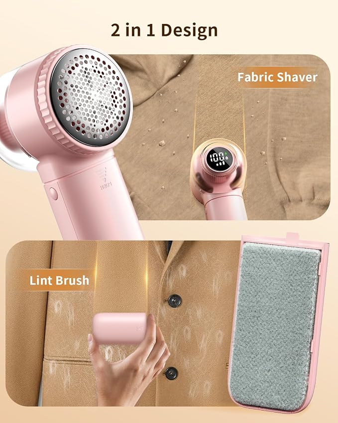 Fabric Shaver with Lint Brush, Large Lint Shaver with Digital Display | 3-Speeds Lint Remover with 6-Leaf Blades, 1200mAh Electric Sweater Shaver to Remove Pilling for Clothes, Furniture
