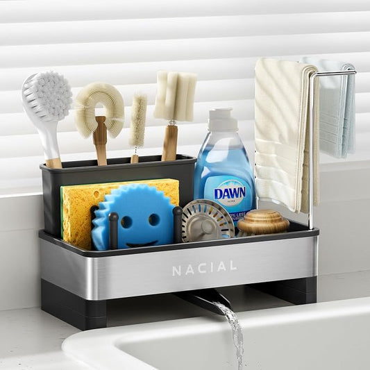 Nacial Kitchen Sink Caddy Organzier with High Brush Holder, Sponge Holder for Kitchen Sink with Two Towel Racks - Rustproof 304 Stainless Steel Kitchen Countertop Storage Essentials