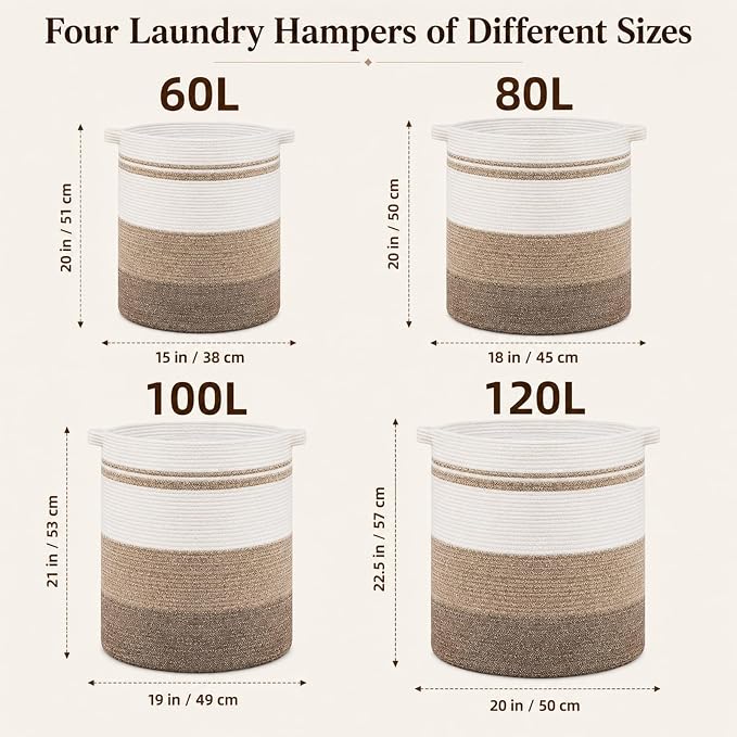 OIAHOMY 80L Laundry Hamper,Storage Basket with Handles,Decorative Basket for Living room,Woven Storage Basket for Toys Bin,Pillows, Blankets,Clothes-20x18in-Gradient Dark