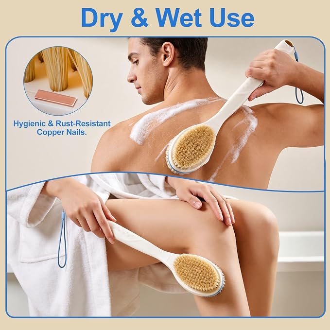 Extendable Back Scrubber –Non-Slip Dual-Sided, Deep Exfoliation | Two-hand pull -17.5"-31.5". Dual-sided stiff & soft bristles. Non-slip grip, quick-dry, rust-proof, rich lather.
