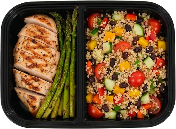 IRIS USA Meal Prep Containers, 36oz - 50 Pack (100-Piece) 2-Compartment Reusable Food Storage Containers with Lids, Plastic Kitchen Food Prep To Go Lunch Box, Microwave Freezer Dishwasher Safe, Black
