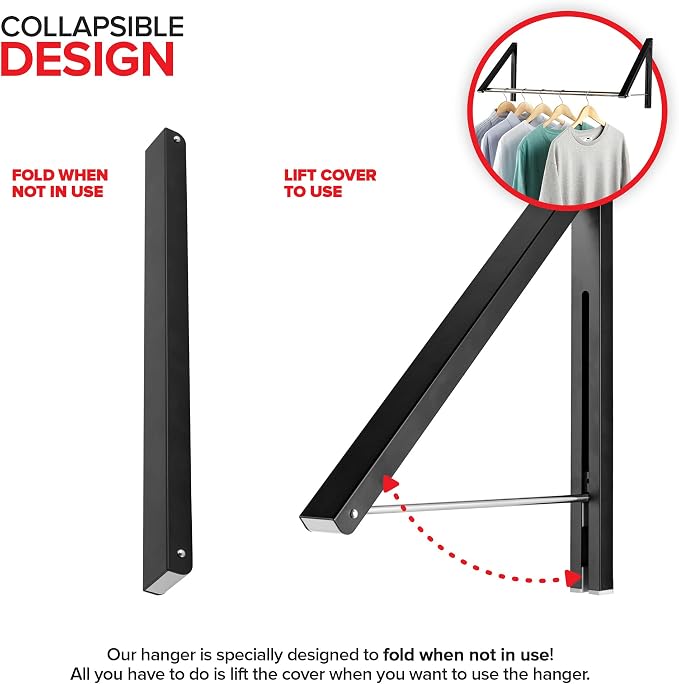 Double Foldable Clothing Rack w/ Extension Rod, Wall-Mounted Retractable Clothes Hanger for Laundry Dryer Room, Hanging Drying Rod, Small Collapsible Folding Garment Racks, Dorm Accessories (Black)