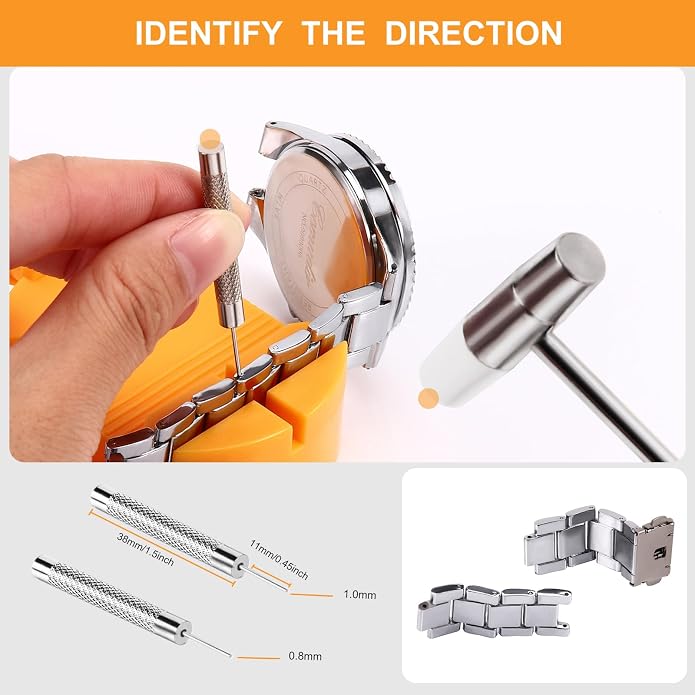 Watch Link Removal Kit，Professional Pin Remover and Band Adjuster | Resizing Tool And Repair Set for Bracelet Adjustment & Replacement with 6 Extra Pins，1 double-head hammer and 1 spring bar