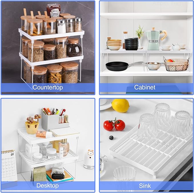 NiHome 4-Pack Stackable Plastic Kitchen Storage Shelf Foldable Rack, White | Stackable Kitchen Cabinet Organizer and Storage Shelves, Expandable Storage Racks for Counter Cabinet Pantry