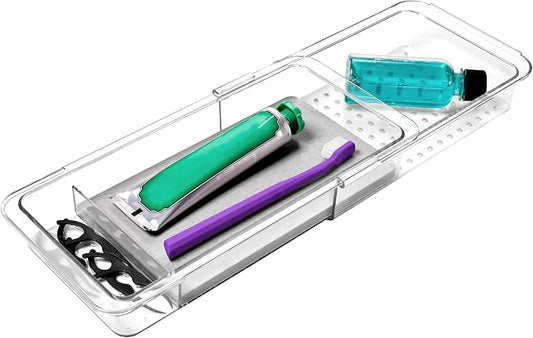 madesmart Expandable Toothbrush Drawer Organizer with Drying Stone, Clear Dental Organizer Tray for Bathroom Drawers, Toothpaste Holder, Dental Floss, Water Flosser and Mouthwash, 12 to 20 Inch